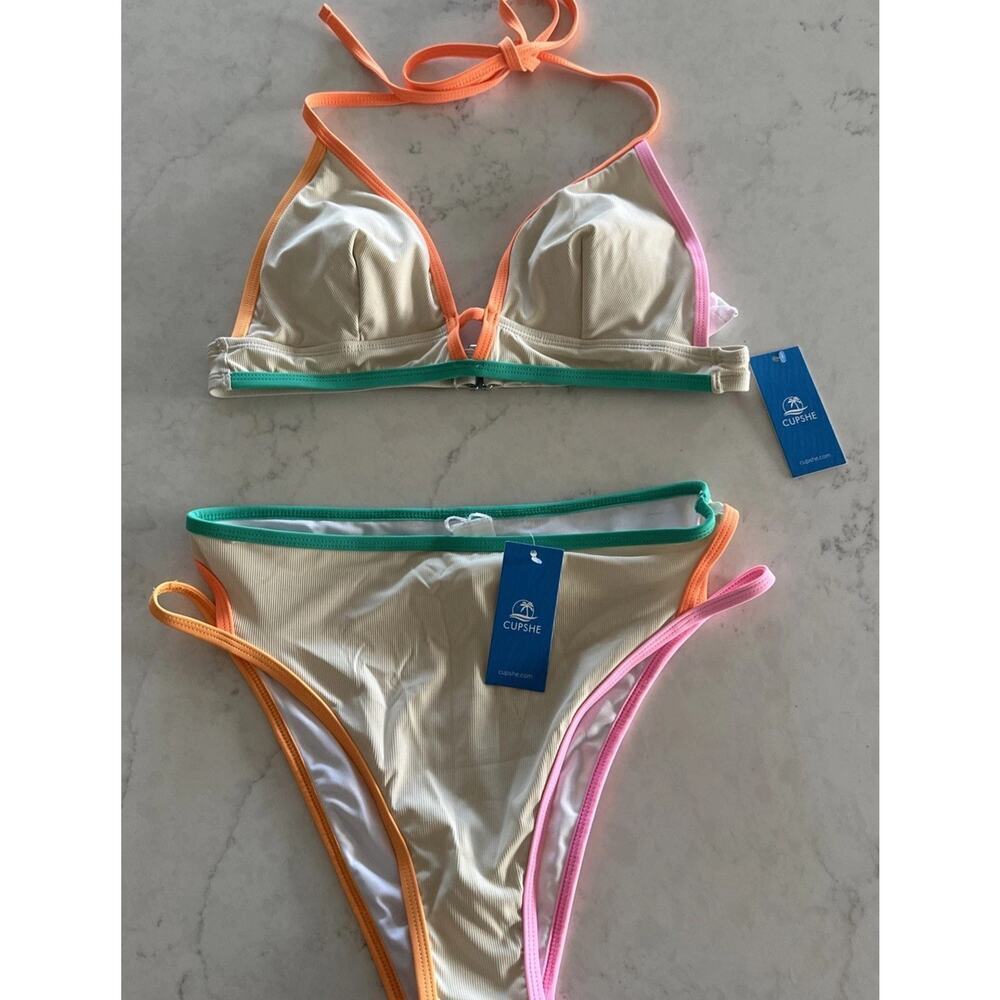 Cupshe Colorblock Halter Rib Bikini M Strappy Cream 2 Piece Bathing Suit New
